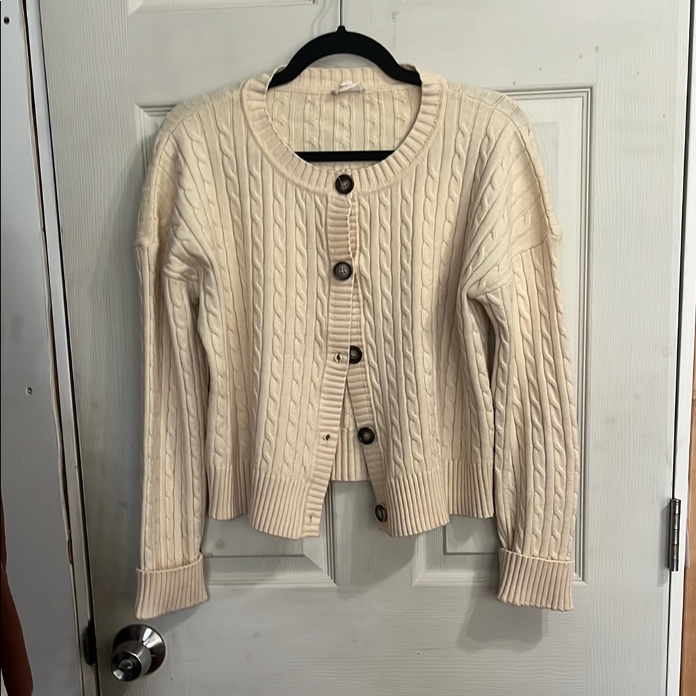 Hem & Thread Cream Cable Knit Cardigan Sweater